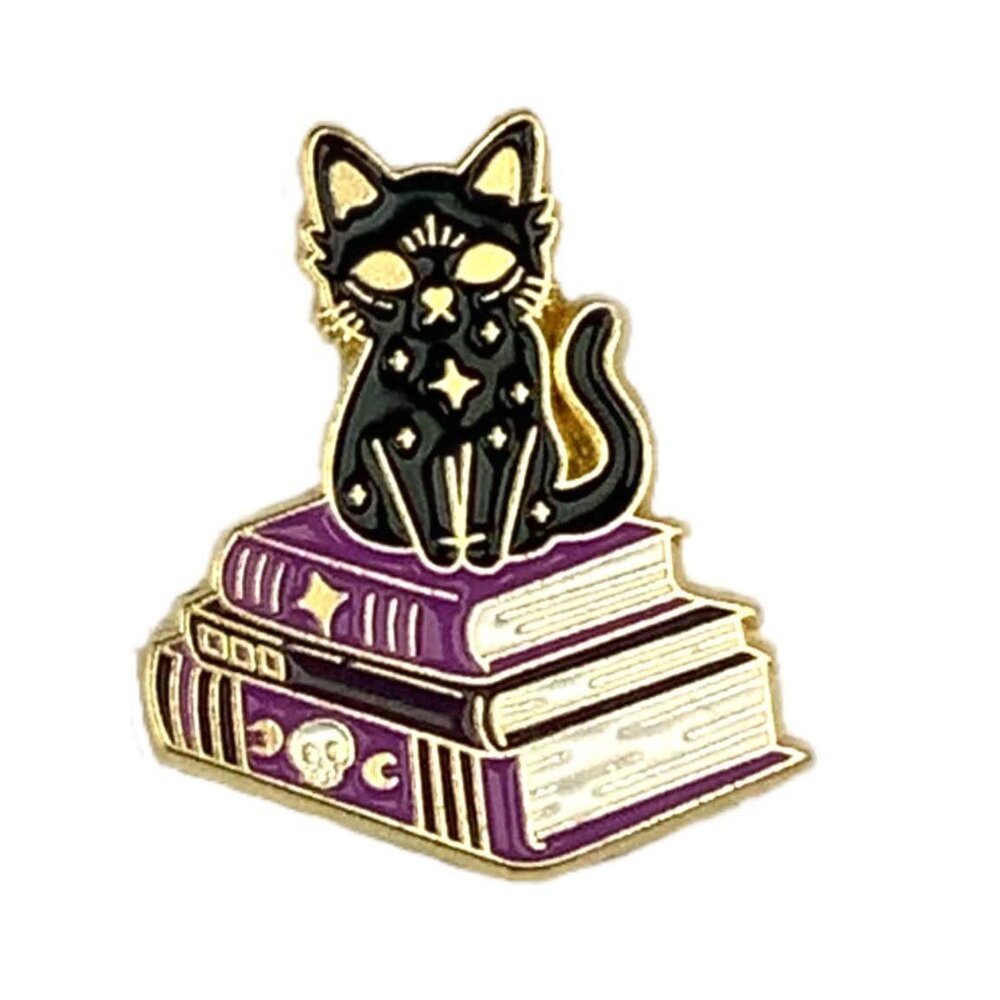 Mystical Celestial Black Witchy Cat on a Spell Book Pile Gold Tone Enamel Pin - Picture 2 of 6